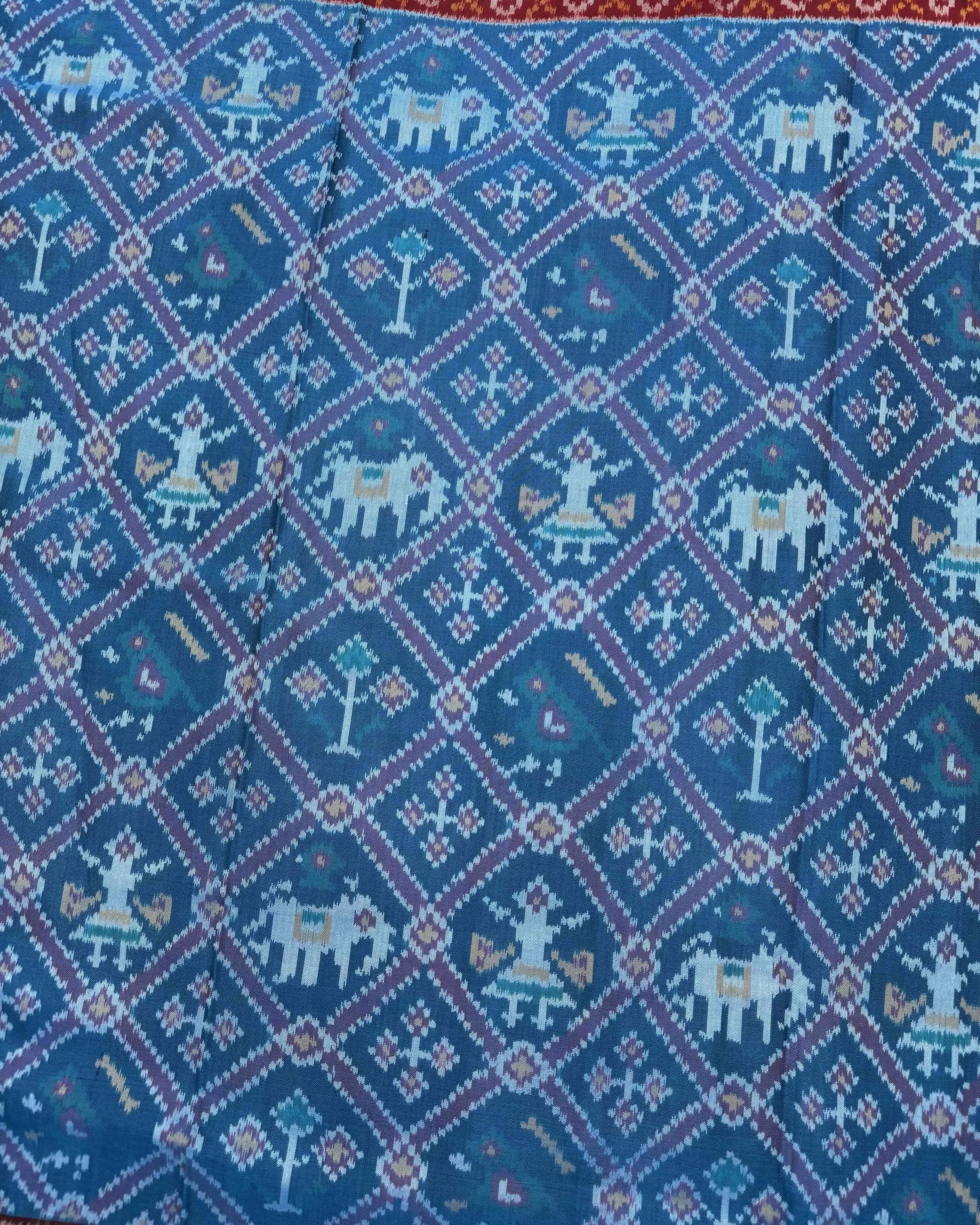 Red & Peacock Blue Narikunj Semi Double Ikat Patola Saree - SindhoiPatolaArt