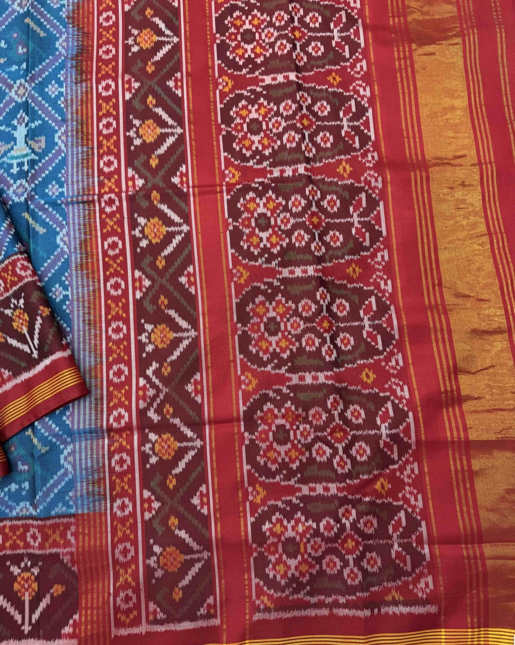 Red & Peacock Blue Narikunj Semi Double Ikat Patola Saree - SindhoiPatolaArt