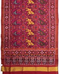 Red & Pink Big Figure Narikunj Semi Double Ikat Patola Saree - SindhoiPatolaArt