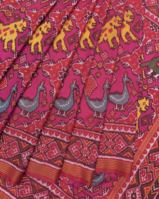 Red & Pink Big Figure Narikunj Semi Double Ikat Patola Saree - SindhoiPatolaArt