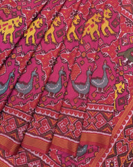 Red & Pink Big Figure Narikunj Semi Double Ikat Patola Saree - SindhoiPatolaArt