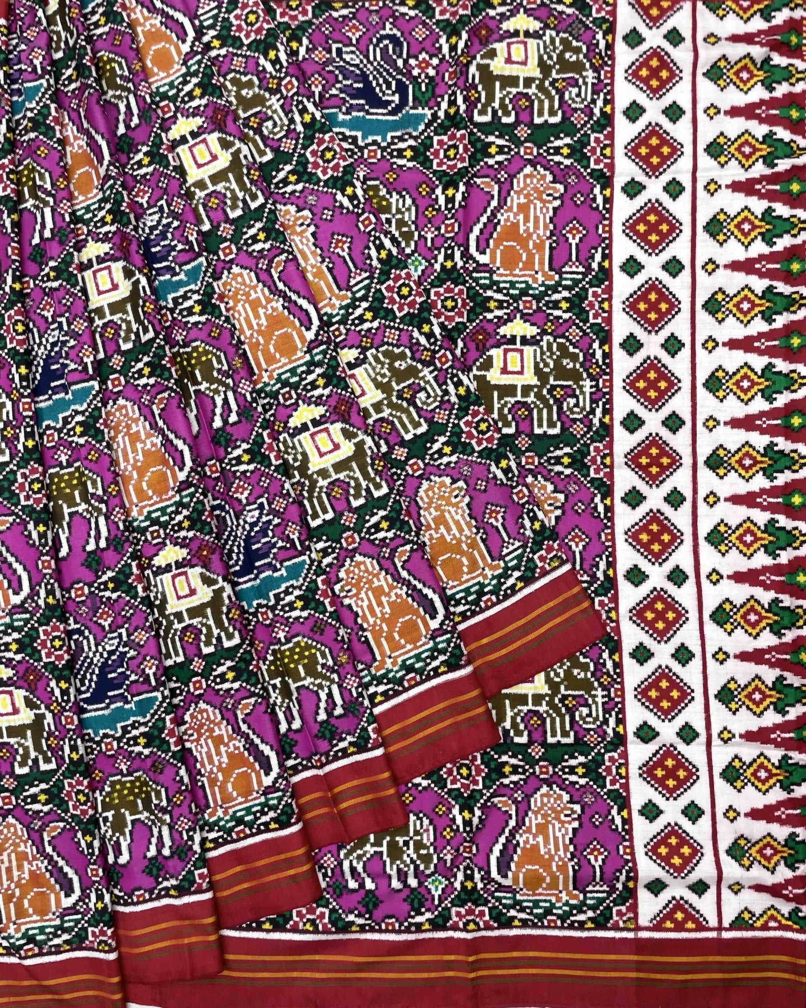 Red & Pink Chhabdi Narikunj Double Ikat Patola Saree - SindhoiPatolaArt