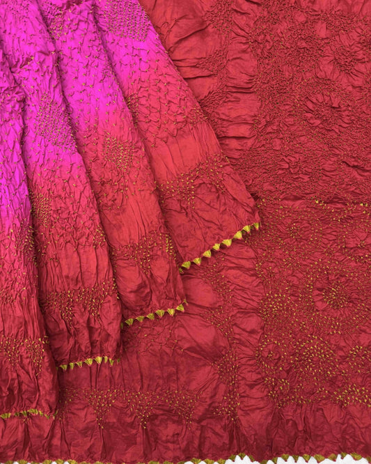 Red & Pink Chiniya Bandhani Saree - SindhoiPatolaArt