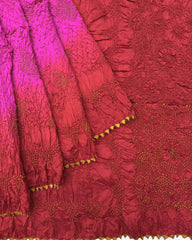 Red & Pink Chiniya Bandhani Saree - SindhoiPatolaArt