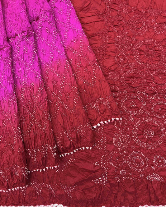 Red & Pink Chiniya Bandhani Saree - SindhoiPatolaArt