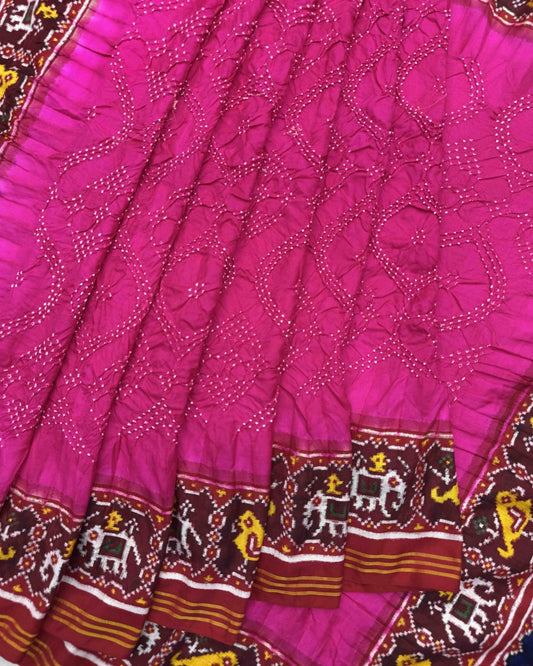Red & Pink Double Ikat Bandhani Patola Saree - SindhoiPatolaArt