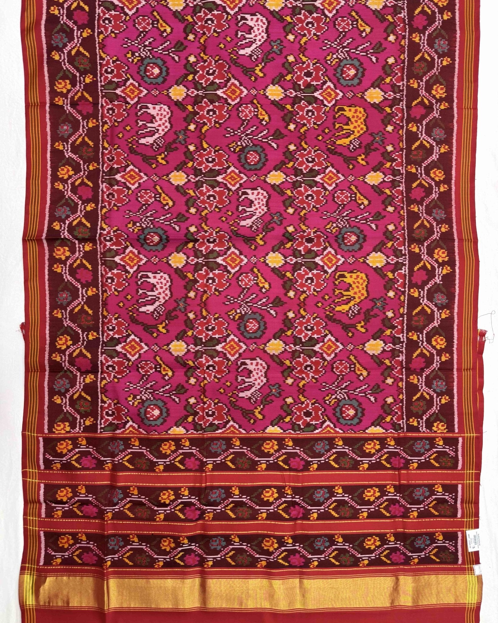 Red & Pink Flower Deer Semi Double Ikat Patola Saree - SindhoiPatolaArt