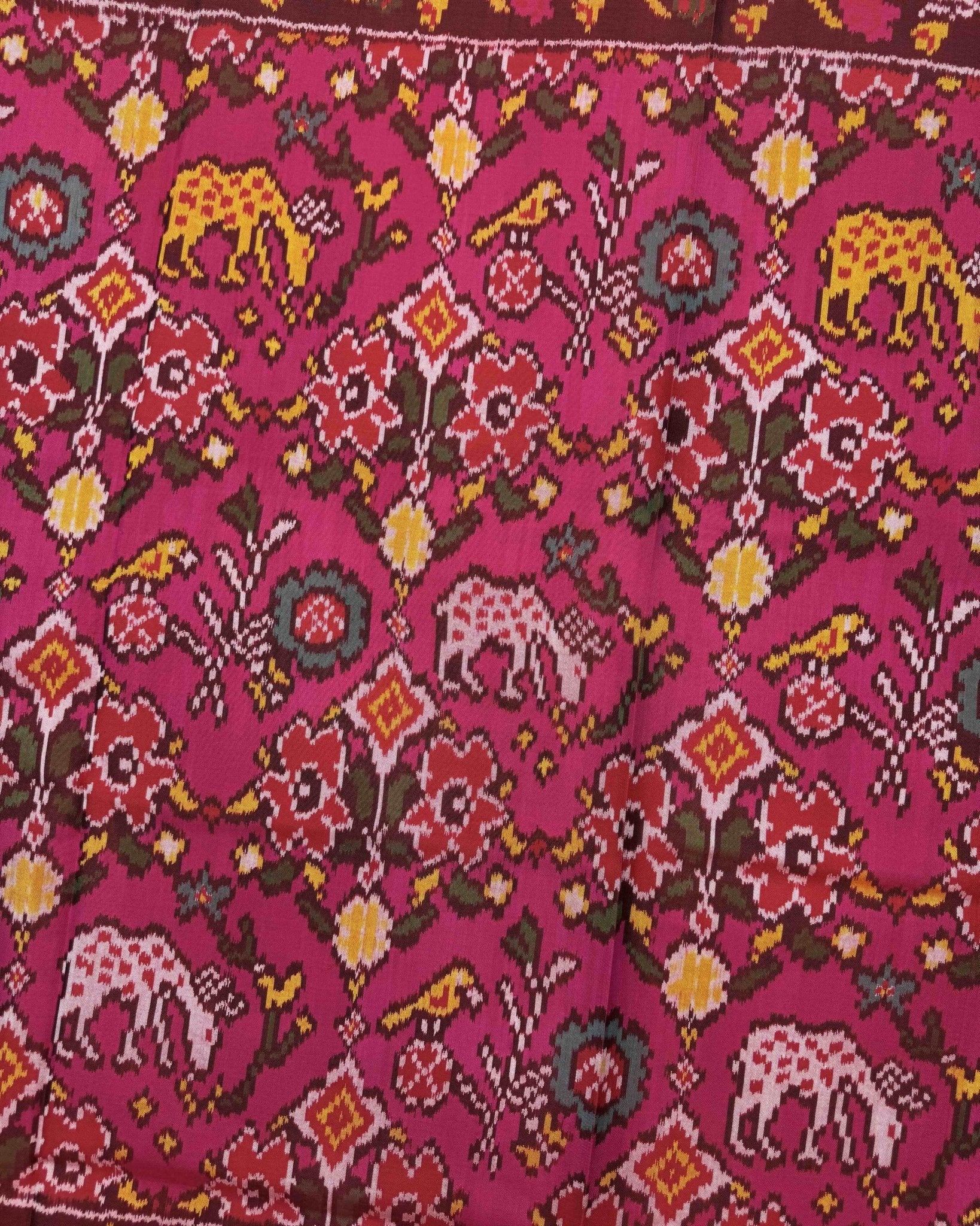Red & Pink Flower Deer Semi Double Ikat Patola Saree - SindhoiPatolaArt