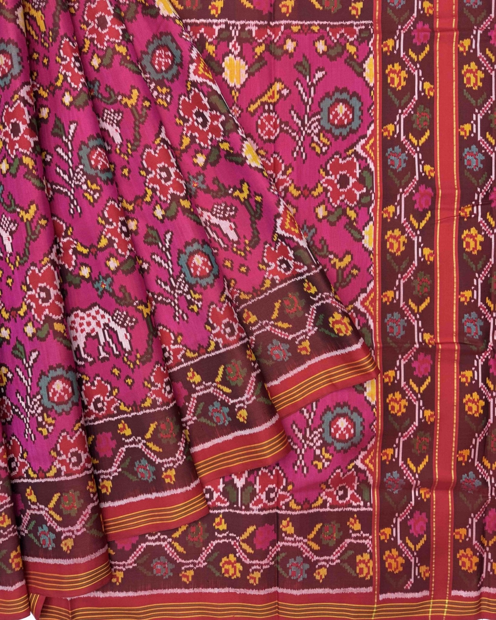 Red & Pink Flower Deer Semi Double Ikat Patola Saree - SindhoiPatolaArt