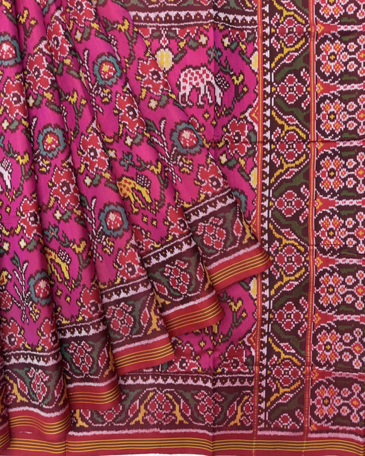 Red & Pink Flower Deer Semi Double Ikat Patola Saree - SindhoiPatolaArt