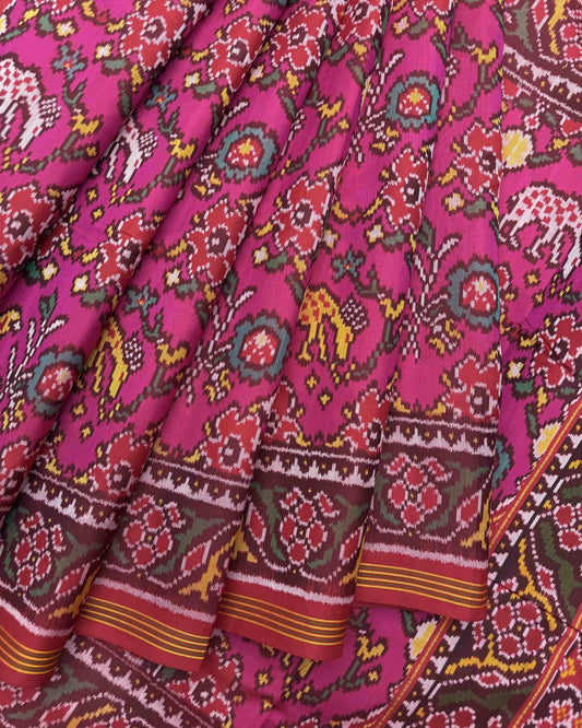 Red & Pink Flower Deer Semi Double Ikat Patola Saree - SindhoiPatolaArt