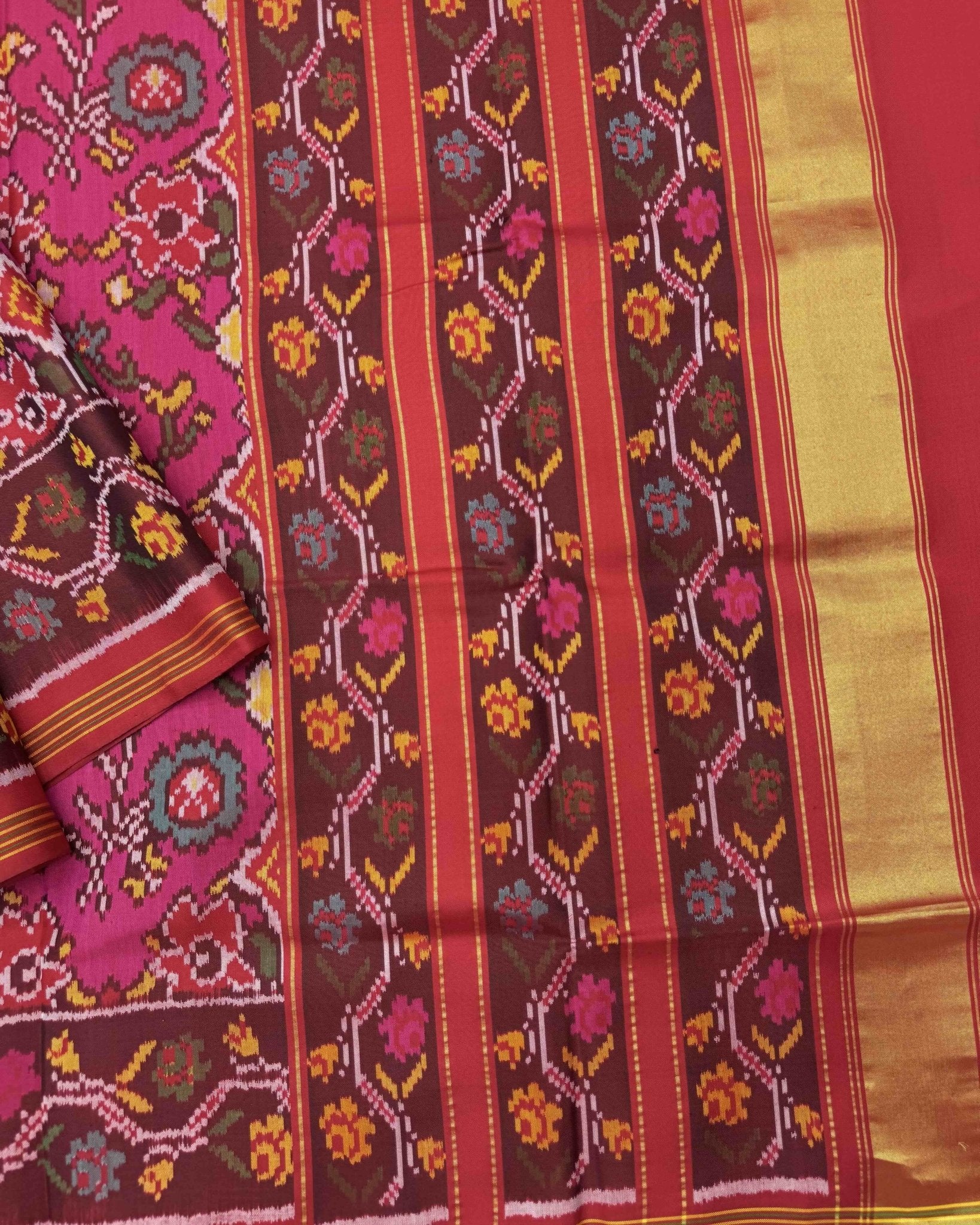 Red & Pink Flower Deer Semi Double Ikat Patola Saree - SindhoiPatolaArt