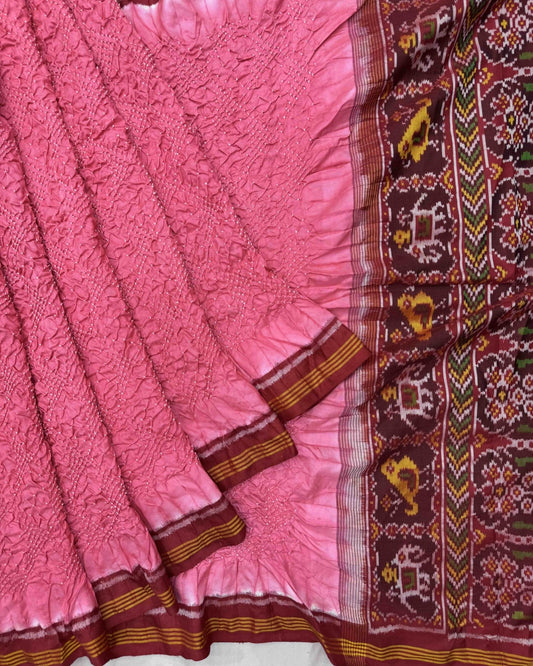 Red & Pink Semi Double Ikat Bandhani Patola Saree - SindhoiPatolaArt