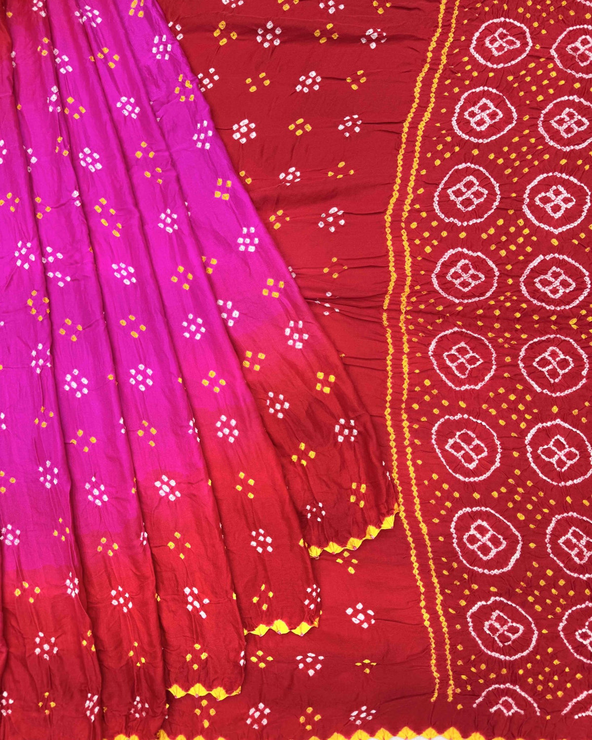 Red & Pink Shaded Gaji Silk Bandhani Saree - SindhoiPatolaArt