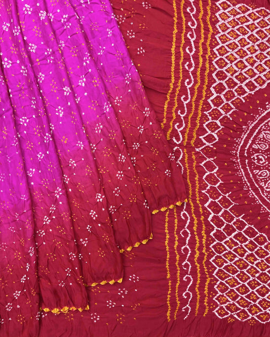 Red & Pink Shaded Gajji Silk Bandhani Saree - SindhoiPatolaArt