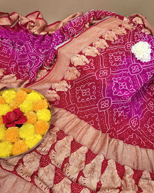 Red & Pink Shaded Georgette Bandhani Saree - SindhoiPatolaArt
