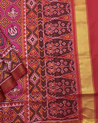 Red & Pink Small Circle Narikunj Semi Double Ikat Patola Saree - SindhoiPatolaArt