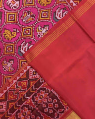 Red & Pink Small Circle Narikunj Semi Double Ikat Patola Saree - SindhoiPatolaArt