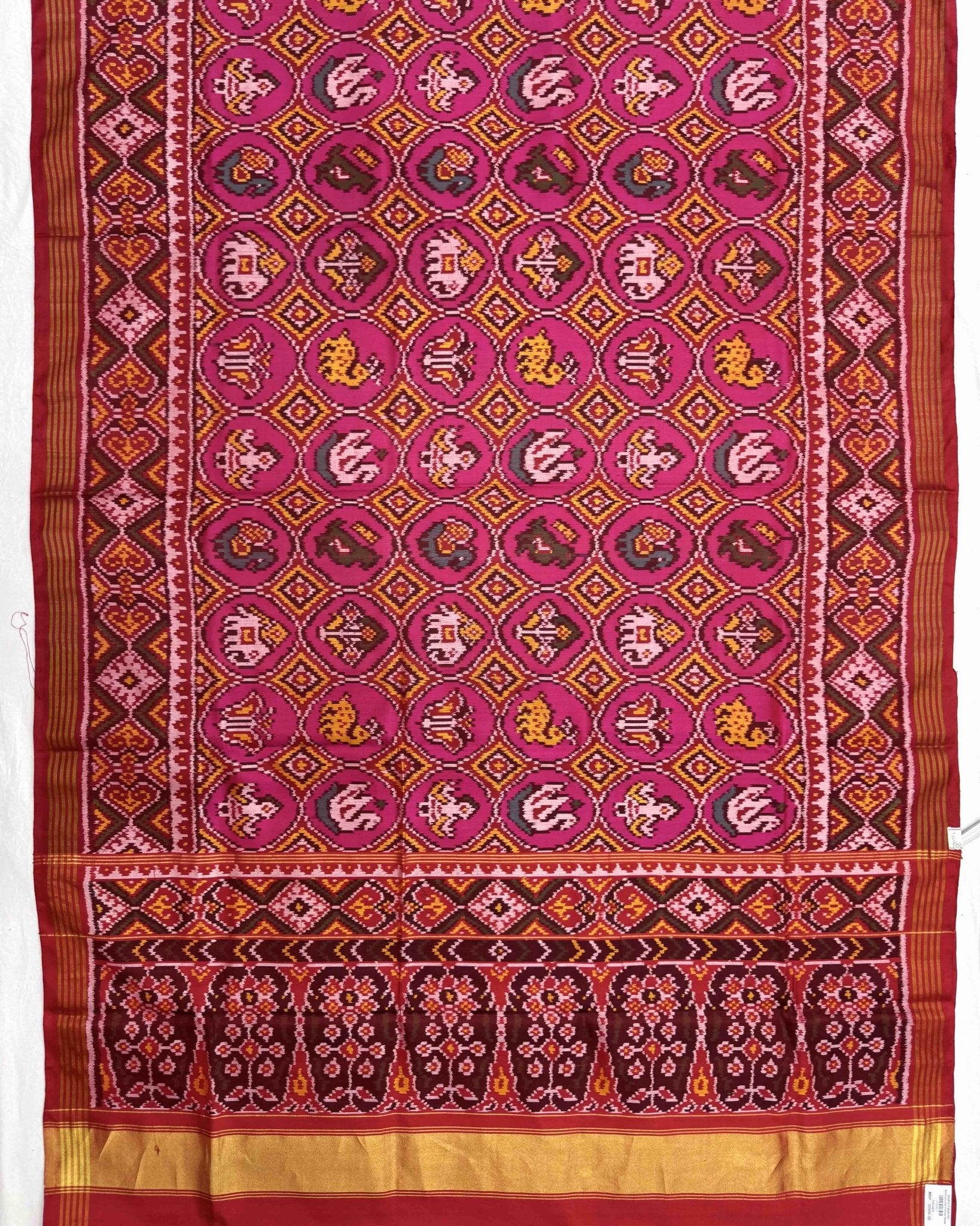 Red & Pink Small Circle Narikunj Semi Double Ikat Patola Saree - SindhoiPatolaArt