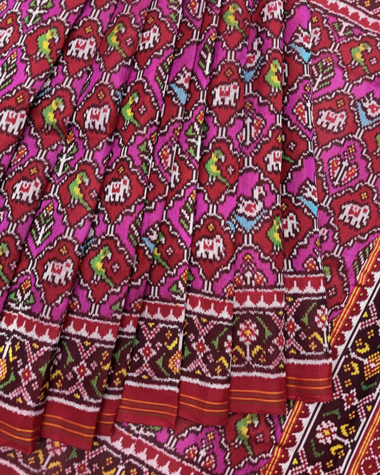 Red & Pink Small Narikunj Twill Patola Saree - SindhoiPatolaArt