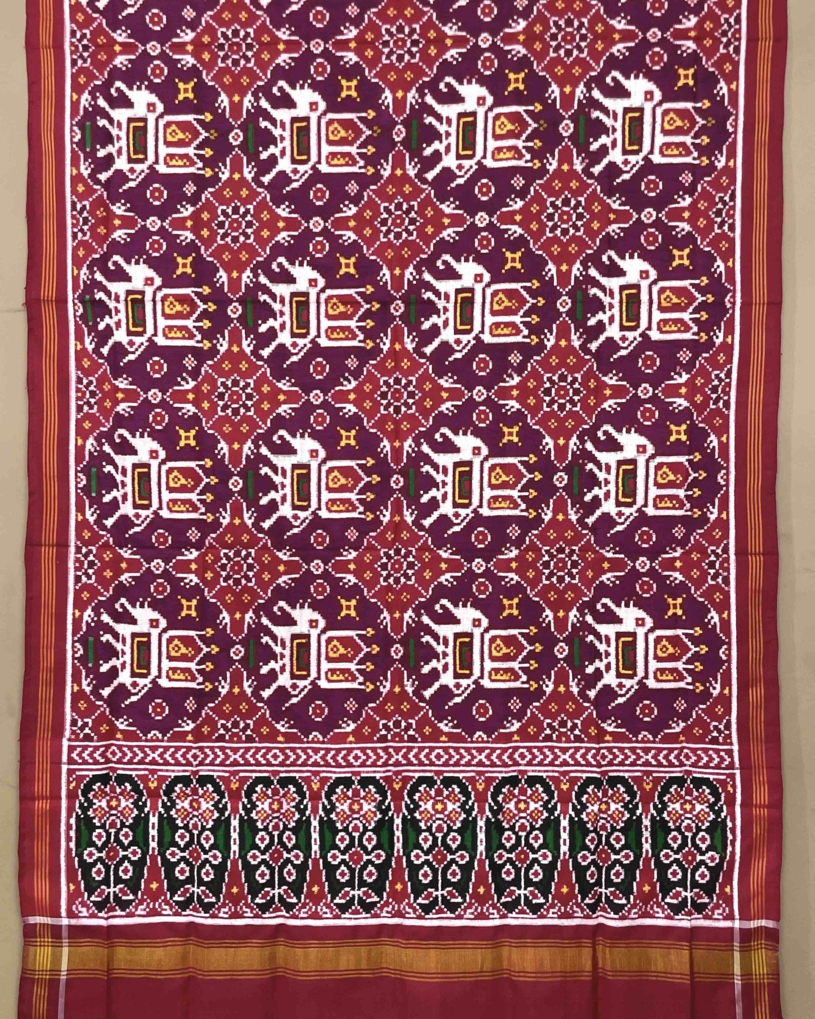 Red & Purple Big Figure Elephant Chhabdi Patola Dupatta - SindhoiPatolaArt
