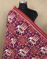 Red & Purple Big Figure Elephant Chhabdi Patola Dupatta - SindhoiPatolaArt
