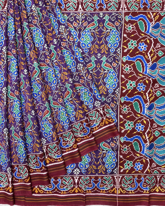 Red & Purple Peacock Double Ikat Patola Saree - SindhoiPatolaArt