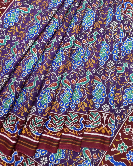 Red & Purple Peacock Double Ikat Patola Saree - SindhoiPatolaArt