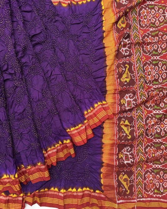 Red & Purple Semi Double Ikat Bandhani Patola Saree - SindhoiPatolaArt