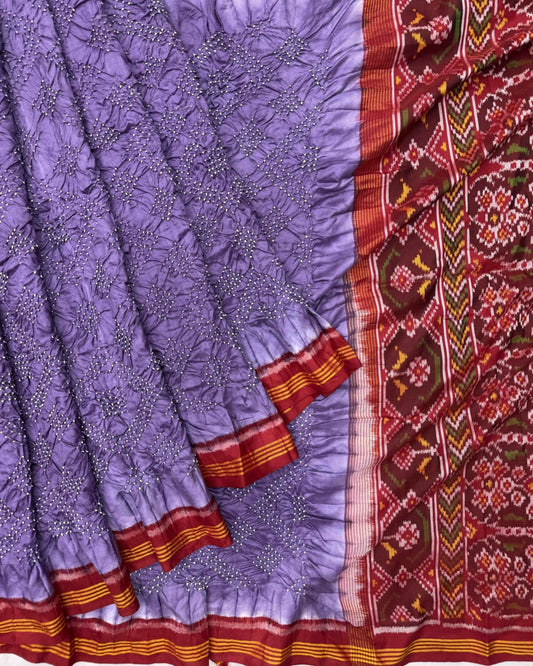 Red & Purple Semi Double Ikat Bandhani Patola Saree - SindhoiPatolaArt