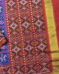 Red & Rama Blue Narikunj Semi Double Ikat Patola Saree - SindhoiPatolaArt