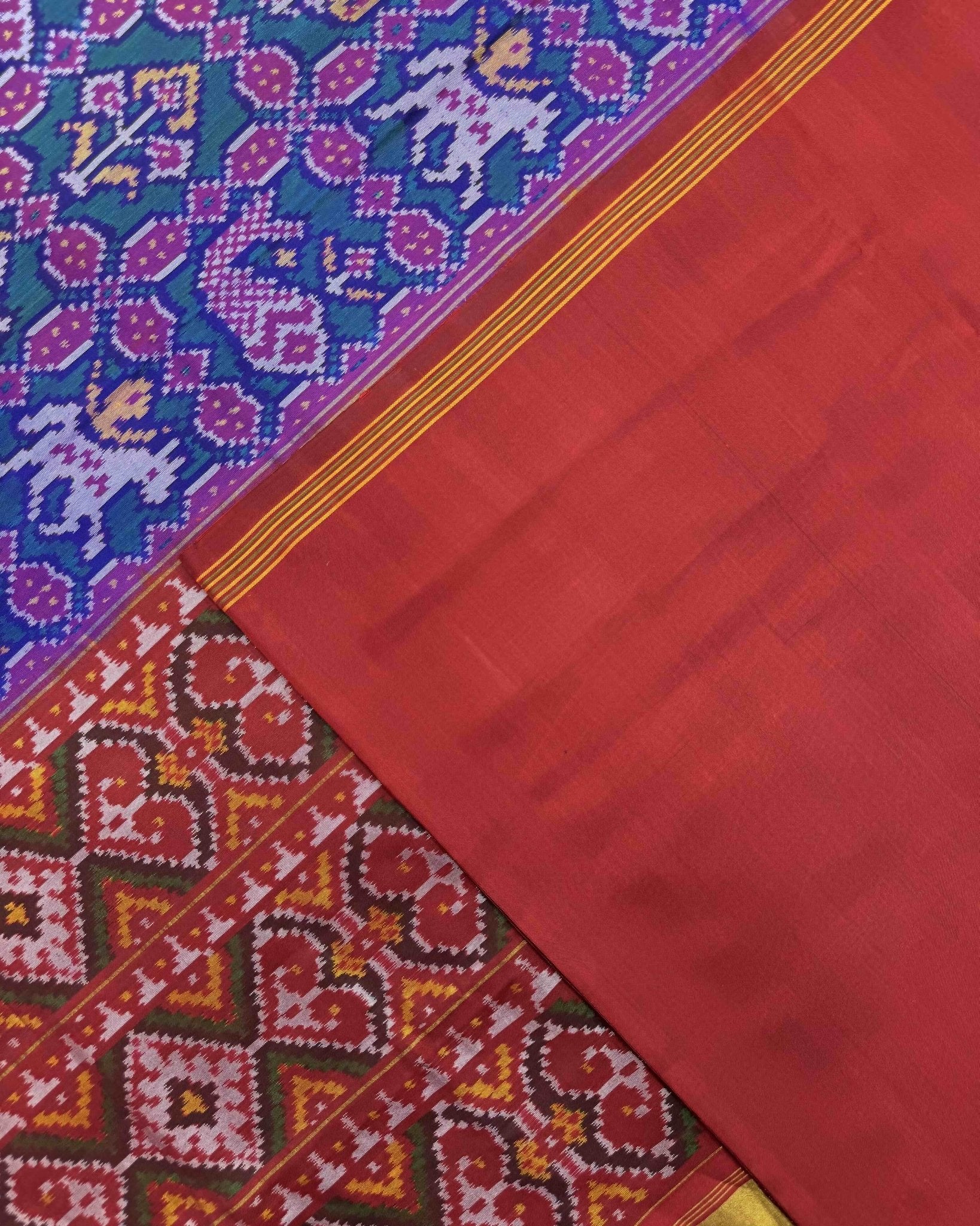 Red & Rama Blue Narikunj Semi Double Ikat Patola Saree - SindhoiPatolaArt