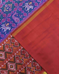 Red & Rama Blue Narikunj Semi Double Ikat Patola Saree - SindhoiPatolaArt