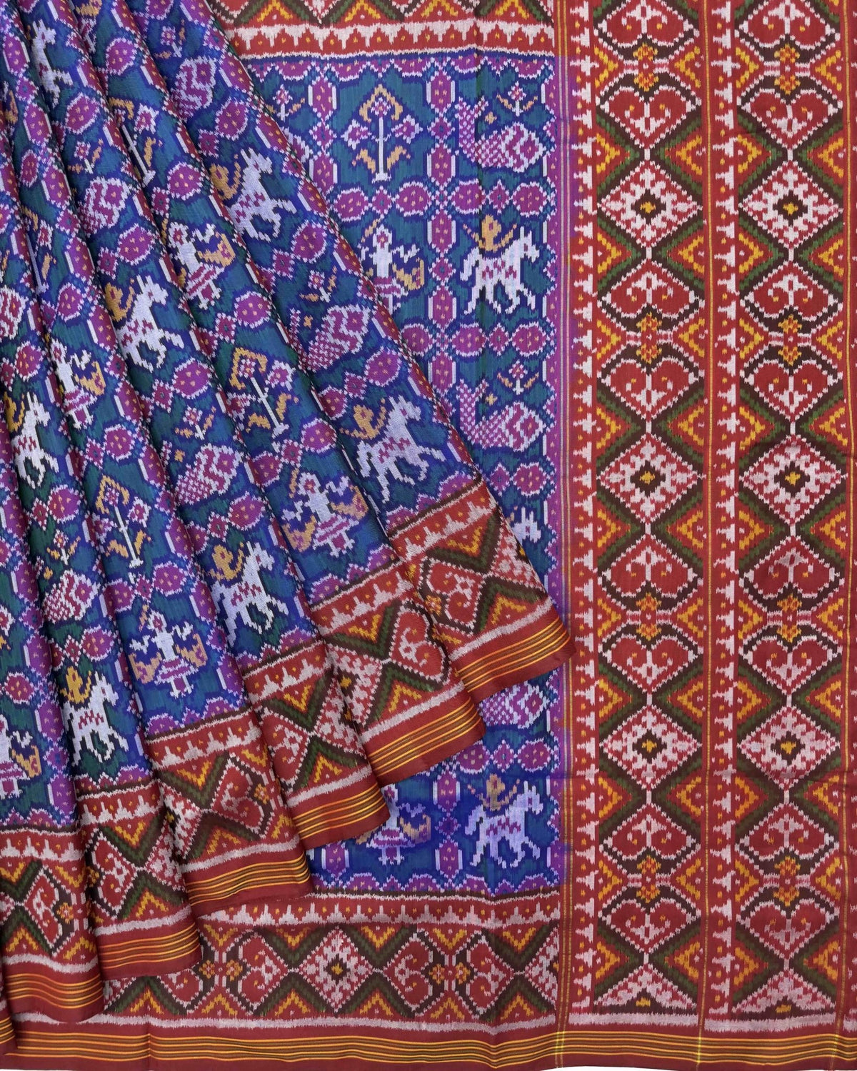 Red & Rama Blue Narikunj Semi Double Ikat Patola Saree - SindhoiPatolaArt