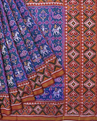Red & Rama Blue Narikunj Semi Double Ikat Patola Saree - SindhoiPatolaArt