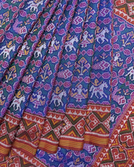 Red & Rama Blue Narikunj Semi Double Ikat Patola Saree - SindhoiPatolaArt