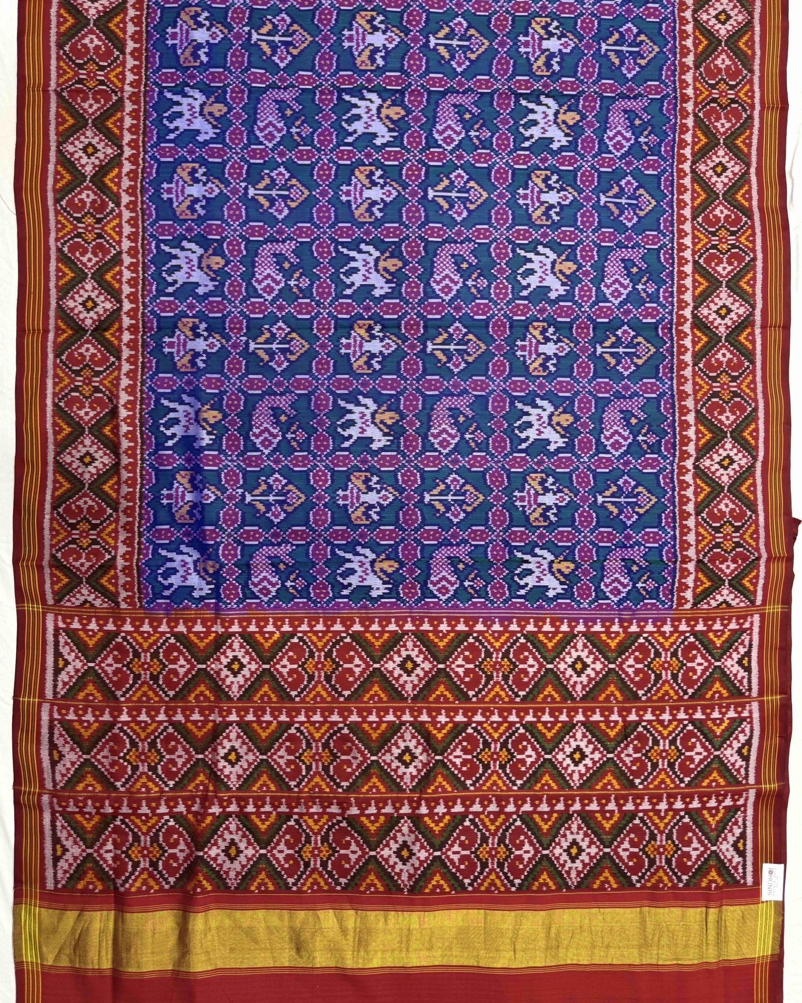 Red & Rama Blue Narikunj Semi Double Ikat Patola Saree - SindhoiPatolaArt