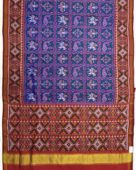 Red & Rama Blue Narikunj Semi Double Ikat Patola Saree - SindhoiPatolaArt