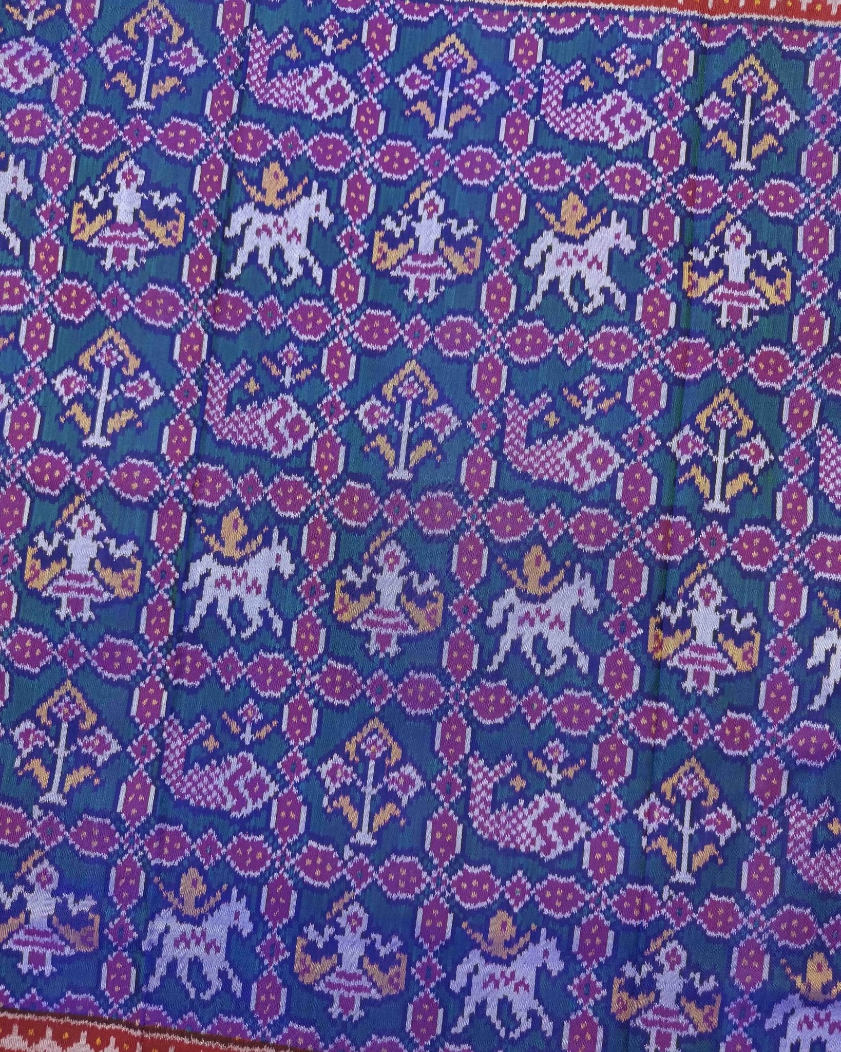 Red & Rama Blue Narikunj Semi Double Ikat Patola Saree - SindhoiPatolaArt