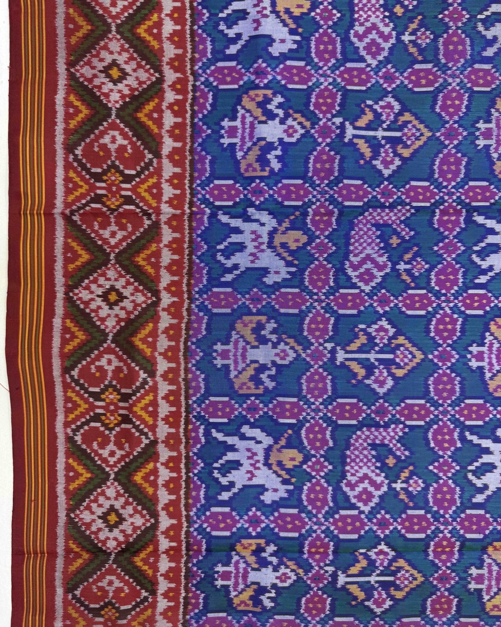Red & Rama Blue Narikunj Semi Double Ikat Patola Saree - SindhoiPatolaArt