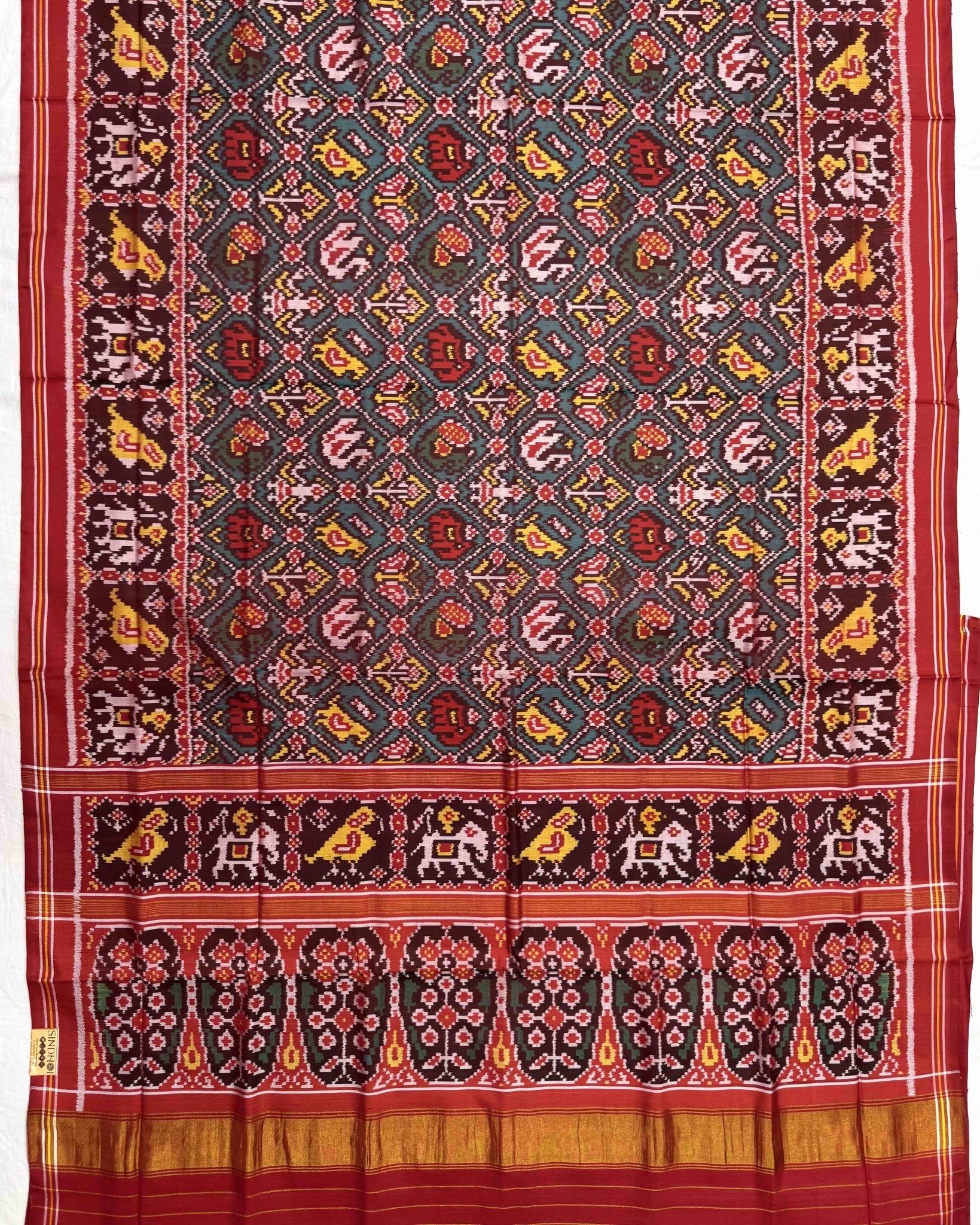 Red & Rama Green Narikunj Semi Double Ikat Patola Saree - SindhoiPatolaArt