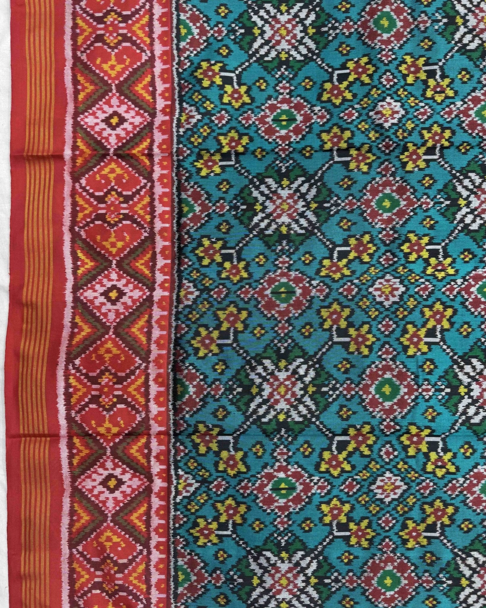 Red & Rama Green Navratan Semi Double Ikat Patola Saree - SindhoiPatolaArt
