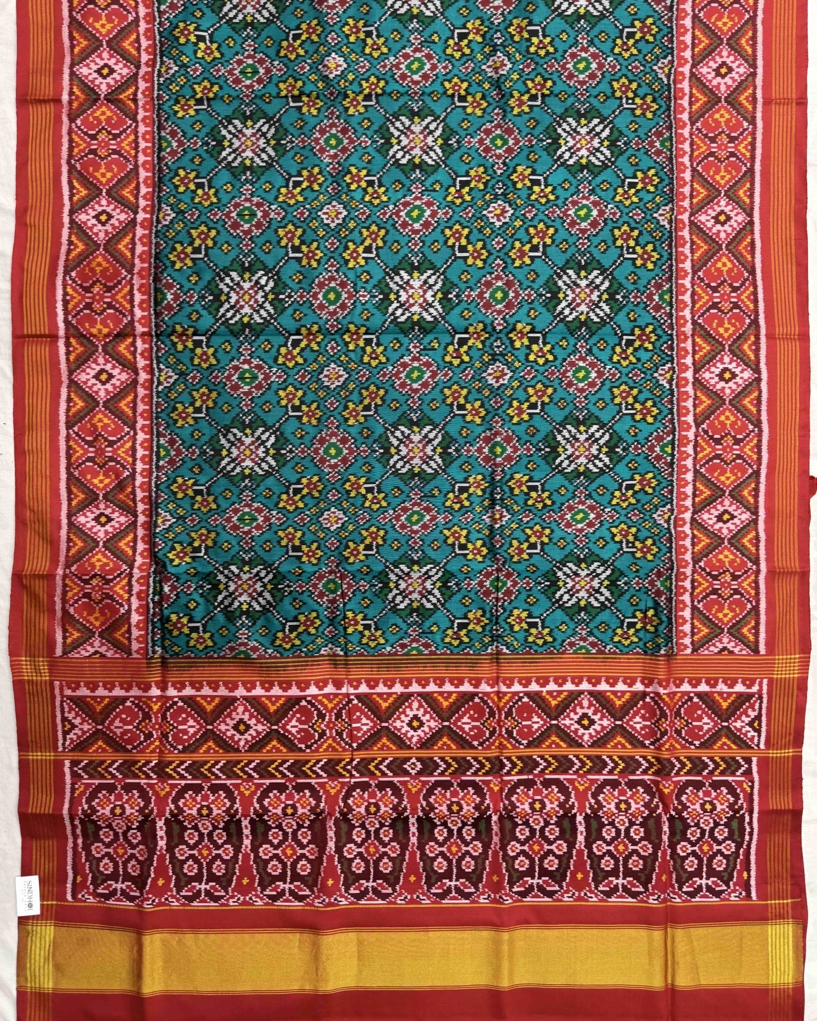 Red & Rama Green Navratan Semi Double Ikat Patola Saree - SindhoiPatolaArt