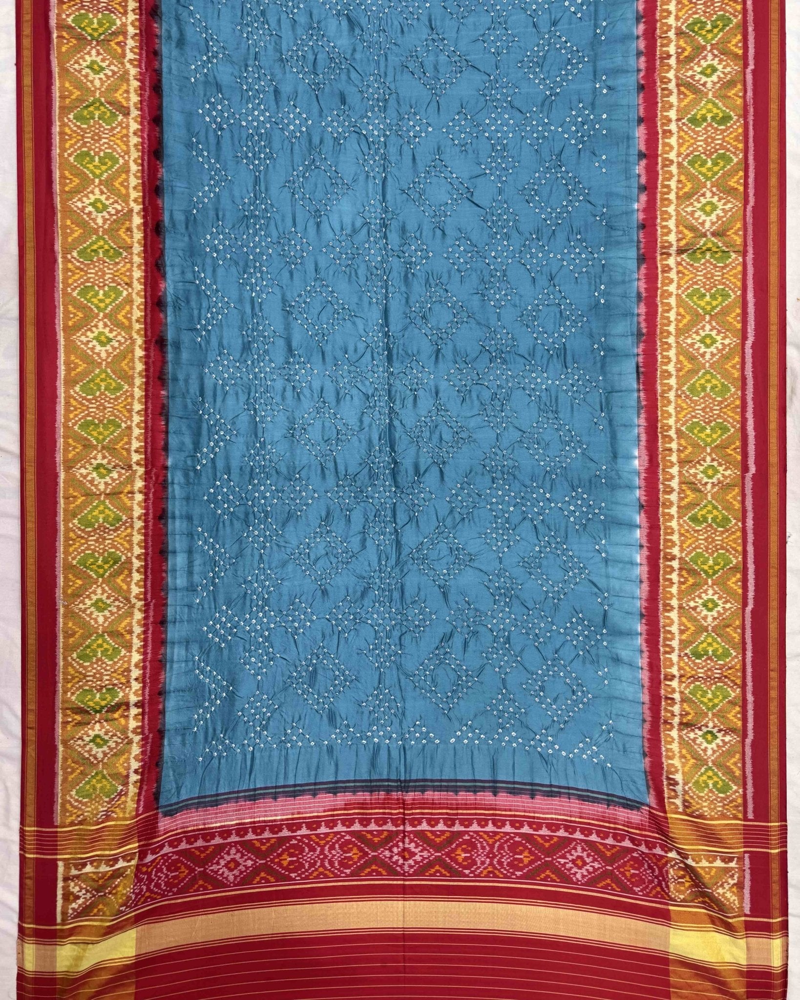 Red & Rama Sky Blue Bandhani Patola Dupatta - SindhoiPatolaArt