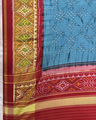 Red & Rama Sky Blue Bandhani Patola Dupatta - SindhoiPatolaArt
