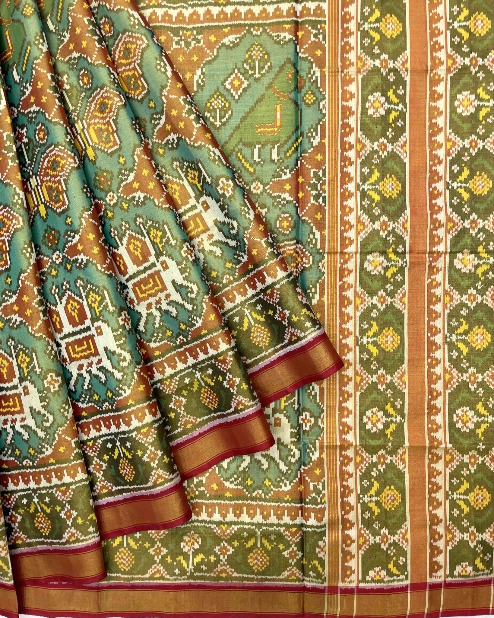 Red & Sea Green Big Figure Navratan Tissue Patola Saree - SindhoiPatolaArt