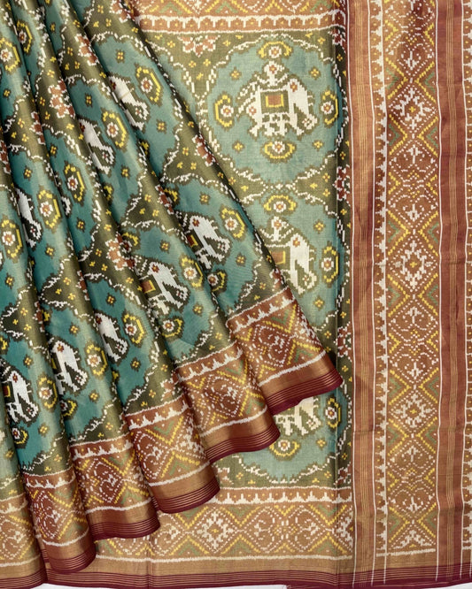 Red & Sea Green Chhabdi Elephant Tissue Patola Saree - SindhoiPatolaArt