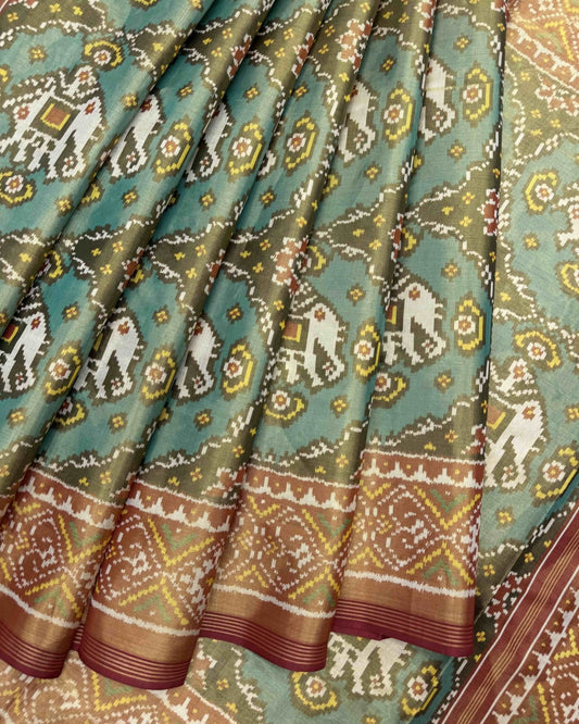Red & Sea Green Chhabdi Elephant Tissue Patola Saree - SindhoiPatolaArt