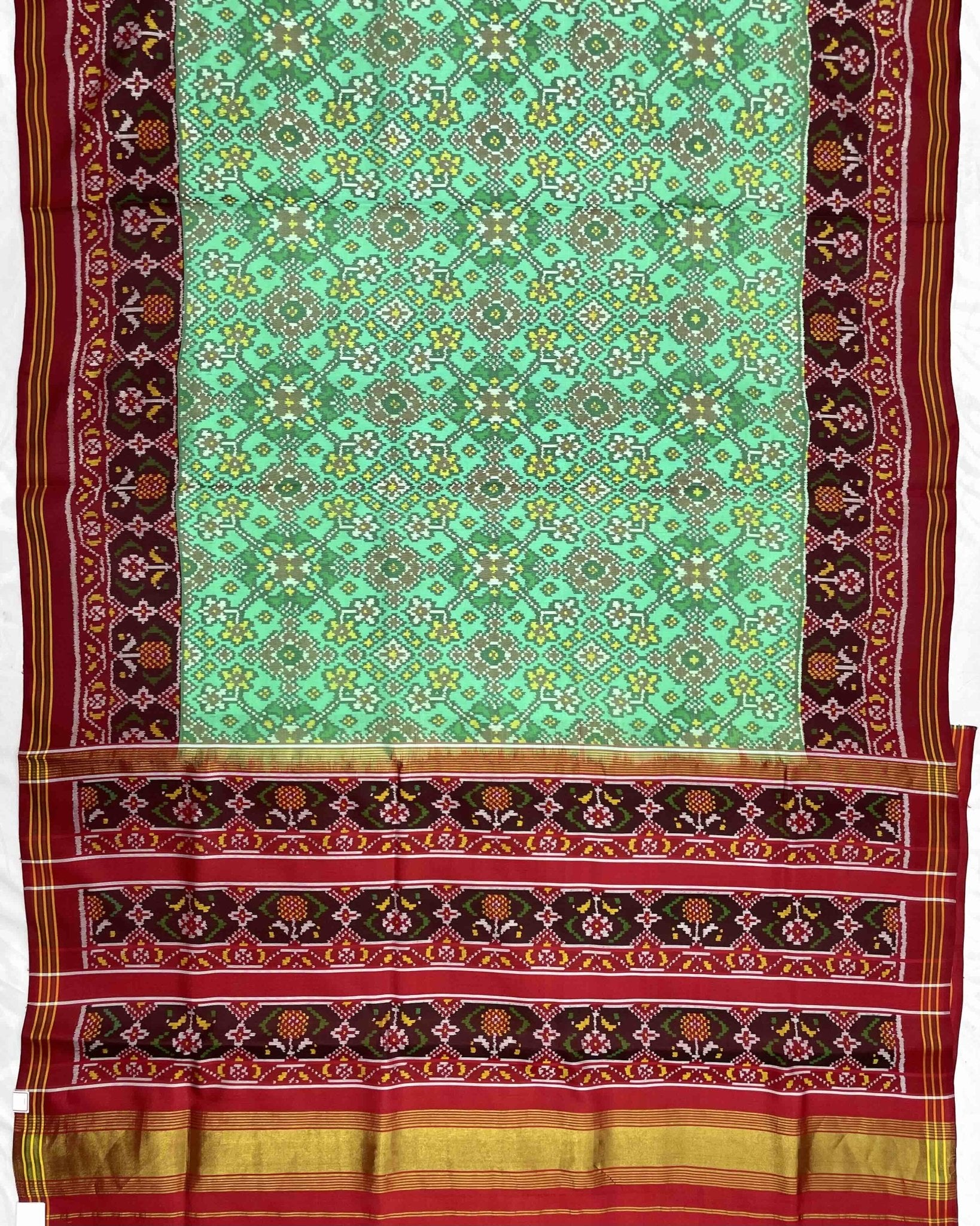 Red & Sea Green Navratan Designer Patola Saree - SindhoiPatolaArt
