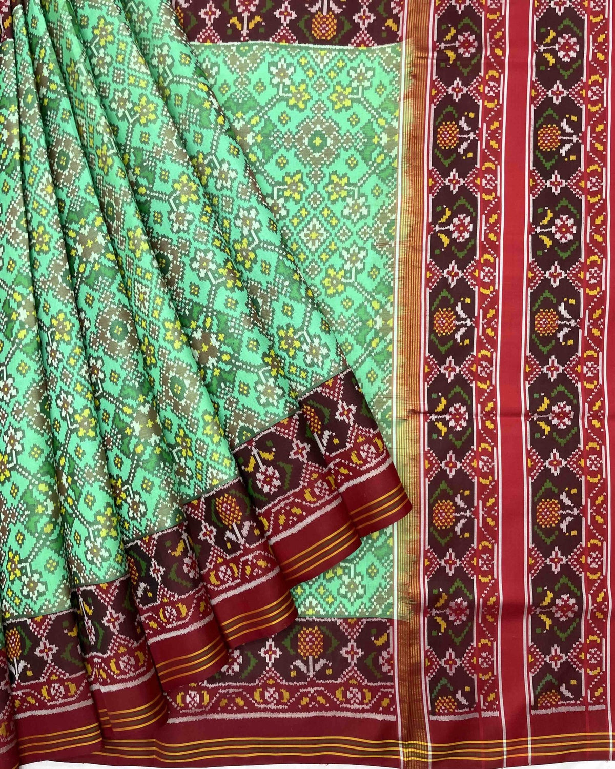 Red & Sea Green Navratan Designer Patola Saree - SindhoiPatolaArt